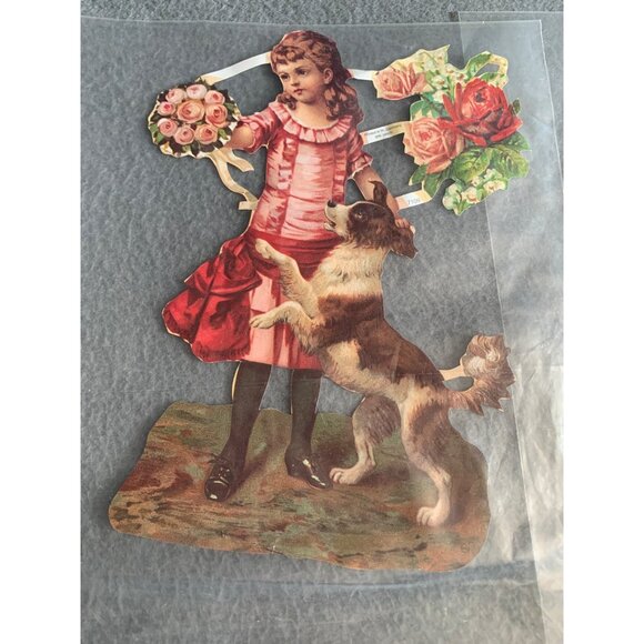 Vintage Victorian Paper Die Cut Set with Children & Dog set of 2 - Picture 2 of 10